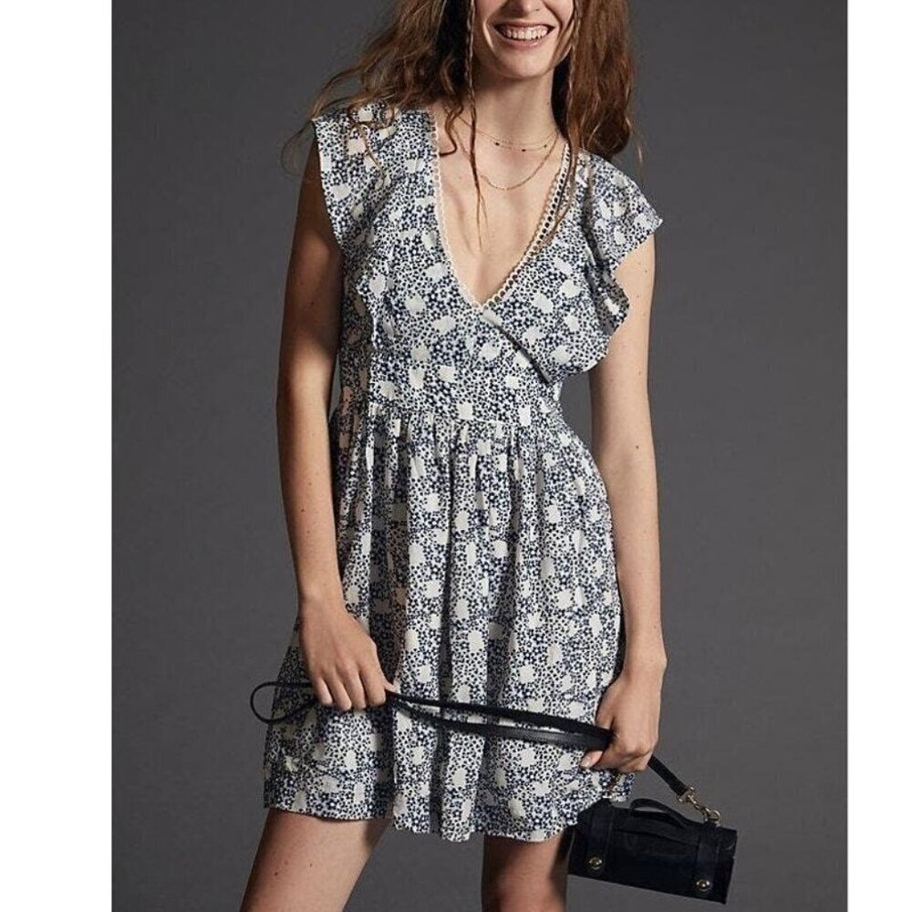 Anthropologie Blue & White Floral Print Sleeveless Dress With Tassel Tie Back XL